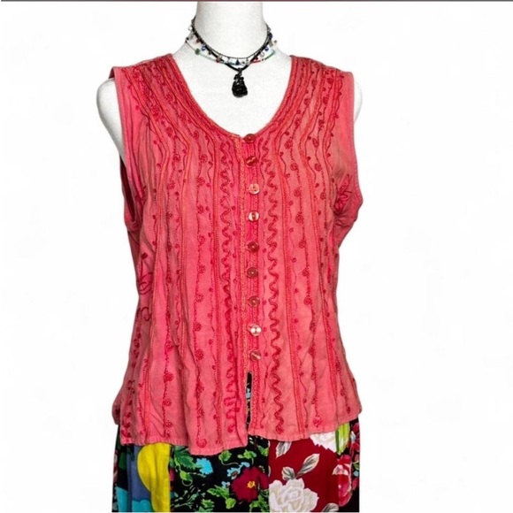 Papa Vancouver Tops - Papa Vancouver Sleeveless Embroidered Coral Button-Front Top